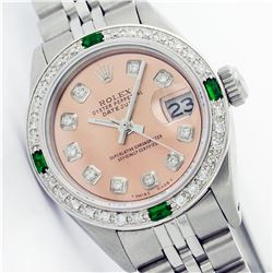 Womens Rolex Stainless Steel Diamond and Emerald Datejust Wristwatch