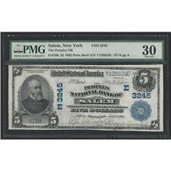 1902 $5 Plain Back The Peoples National Bank of Salem New York CH#3245 PMG VF30