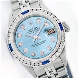 Womens Rolex Stainless Steel Diamond and Sapphire Datejust Wristwatch