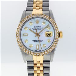 Rolex Mens Two-Tone MOP Diamond & Baguette DateJust Wristwatch