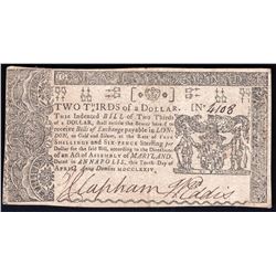 April 10, 1774 Two Thirds Dollar Maryland Collonial Note