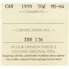 Image 3 : ICCS 1959 Canada Silver Half Dollar - MS-64