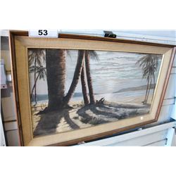 GARY BONES, FRAMED ORIGINAL WATERCOLOUR ON PAPER, "BEACH AT SUNSET", 30" W X 16" H, SIGNED LOWER