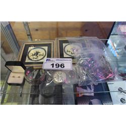 LOT OF MISC. JEWELLERY INC. POCKET WATCH, 2 SMALL PICTURES, BRACELET, EARRINGS, NECKLACE, AND