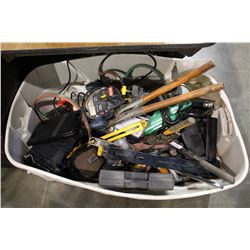 LARGE BIN OF ASSORTED TOOLS; ELECTRIC DRILLS, SAWS, CLIPPERS, WORK BELTS, TOOL CASES AND MORE