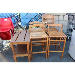 4 WOODEN OUTDOOR PATIO CHAIRS AND 4 WOODEN OUTDOOR FOOT STOOLS