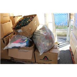 PALLET OF ASSORTED CLOTHING AND  HOLIDAY DECORATIONS INCLUDING LIGHTING