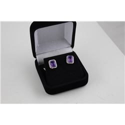 NEW STERLING SILVER AMETHYST AND DIAMOND STUD EARRINGS. EMERALD CUT. 3.25CT RETAIL VALUE $350