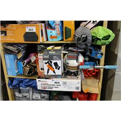 SHELF LOT OF ASSORTED SPORTING GOODS, CLOTHING AND MORE