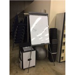 LOT OF MISC OFFICE FURNITURE INCLUDING" QUARTET WHITEBOARD, 6 BAY LOCKER & MISC PERSONAL FILE