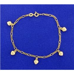 Figaro Chain Bracelet with 5 Dangling Hearts