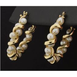 14K Twisted Gold and Pearl Hoop Earrings
