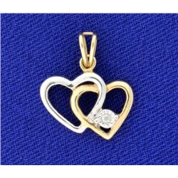 Tutone Double Heart & Diamond 10k Pendant