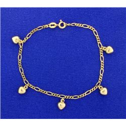 Figaro Chain Bracelet with 5 Dangling Hearts