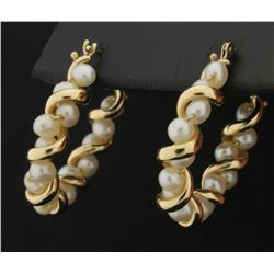 14K Twisted Gold and Pearl Hoop Earrings
