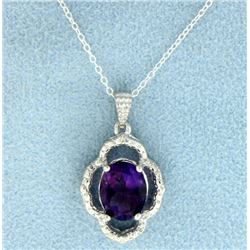 Amethyst and Diamond Pendant in Sterling Silver with Chain