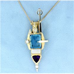 Custom Diamond & Assorted Gemstones in a Deco Design Pendant and 14k Chain