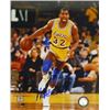 Image 1 : Magic Johnson Signed Los Angeles Lakers 8X10 Photo (Yellow Jersey Dribble-Blue Sig)