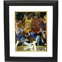 Magic Johnson Signed Los Angeles Lakers 8X10 Photo Custom Framed (Yellow Jersey Post Up Dribble Vert
