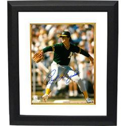 Rick Honeycutt Signed Oakland Athletics 8X10 Photo Custom Framed (Green Jersey Pitching)