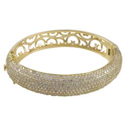 Gold Tone Sterling Silver Bangle With White CZ Pave And Filigree Design-60M