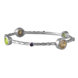 Matte Silver Tone Brass Bangle With Multi Colored Crystals, 60Mm
