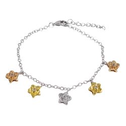 Tri Color Flower Charms Silver Tone Brass Bracelet