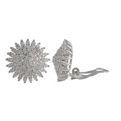 Rhodium Plated Sterling Silver, 18Mm Starburst Circle CZ Clip Earrings