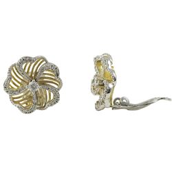 Two Tone Sterling Silver -Brass Clip-  Earrings, 19Mm Flower With White Czs, Large