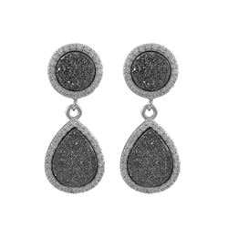 Rhodium Plated Sterling Silver, 11Mm Round Circle And 13.5X17.5Mm Teardrop, Grey Druzy Natural Stone