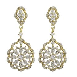 Gold Plated Sterling Silver, CZ Floral Design Dangle Post Earrings, 35Mm Long