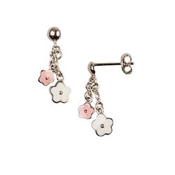 Sterling Silver-Pink-White Flower Earrings