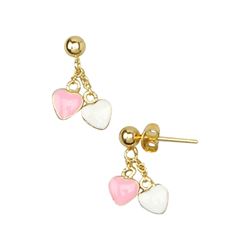 Pink & White Enamel Hearts Dangling, Gold Over Sterling Silver Post Earrings