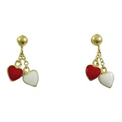 Red & White Enamel Hearts Dangling, Gold Over Sterling Silver Post Earrings