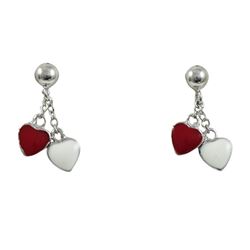 Red & White Enamel Hearts Dangling, Sterling Silver Post Earrings