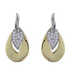 Two Tone Shiny Sterling Silver CZ Teardrop Post Earrings-  1.14"