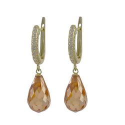 Gold Plated Sterling Silver CZ Lever Back Earrings, With Champagne 9X15mm CZ Teardrop, 1.38"