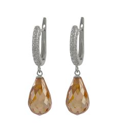 Rhodium Plated Sterling Silver CZ Lever Back Earrings, With Champagne 9X15mm CZ Teardrop, 1.38