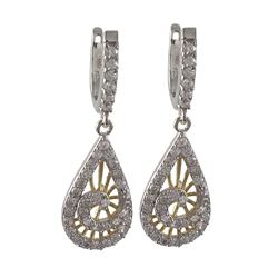 Sterling Silver Two Tone CZ Swirl Lever Back Earrings -1.28