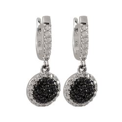 Rhodium And Black Over Sterling Silver, 10.2Mm Circle Dangling, Black And White CZ Lever Back Earrin