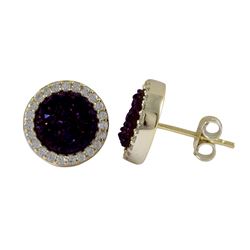 Gold Plated Sterling Silver, 11Mm Round Circle, Wine 8Mm Druzy Natural Stone With CZ Border, Post St