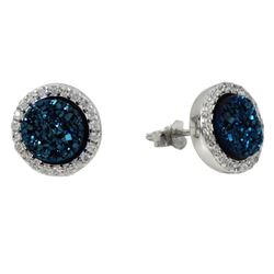 Rhodium Plated Sterling Silver, 11Mm Round Circle, Blue 8Mm Druzy Natural Stone With CZ Border, Post