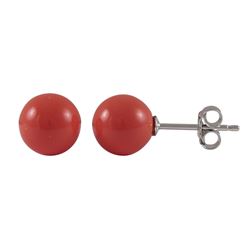 Coral 7Mm Ball On Rhodium Plated Sterling Silver Post Stud Earrings