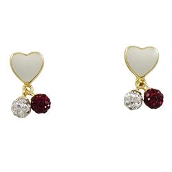 Sterling Silver Gold White Enamel Heart With 2 Crystal Balls Earrings