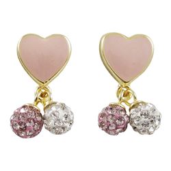 Pink Enamel 7X8mm Heart With Pink And Light Pink 4Mm Crystal Balls Hanging, Gold Plated Sterling Sil