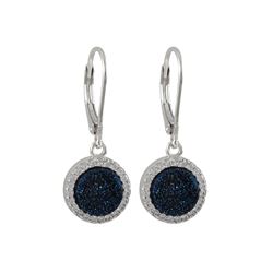 Rhodium Plated Sterling Silver, 11Mm Round Circle, Blue 8Mm Druzy Natural Stone With CZ Border, Leve