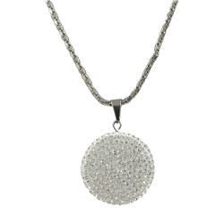 White Clay Flat 25Mm Circle Pendant Covered With White Crystals On Silver Steel Chain 16" 3"