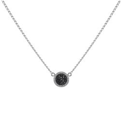 Rhodium Plated Sterling Silver, 11Mm Round Circle, 8Mm Grey Druzy Natural Stone With CZ Border, Neck