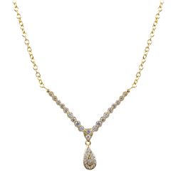 Gold Over Sterling Silver CZ Y Shaped Necklace, Teardrop In Center