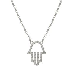 Rhodium Plated Sterling Silver CZ Hamsa Necklace- 16